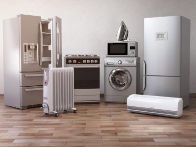 Home appliancess. Set of household kitchen technics in the new appartments or kitchen. E-commerce online internet store nad delivering of appliances concept.