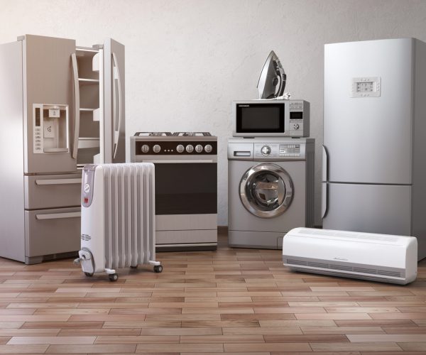 Home appliancess. Set of household kitchen technics in the new appartments or kitchen. E-commerce online internet store nad delivering of appliances concept.